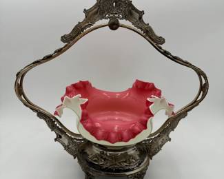 Cased Peach Blow Brides Bowl in Silver Plate Holder