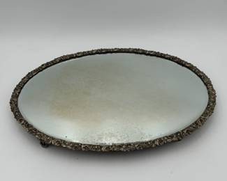 Large Oval Beveled Glass Platform Mirror, Silverplate Footed