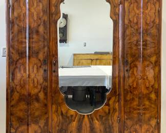 3 Piece French Armoire with Beveled Mirror, Burled Veneer