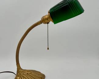 Art Nouveau Gooseneck Desk Lamp with Green Cased Shade