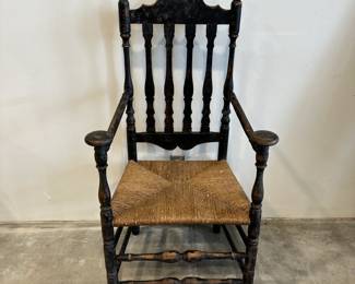 Period Queen Anne Banister Back Arm Chair in Old Paint with Rush Seat