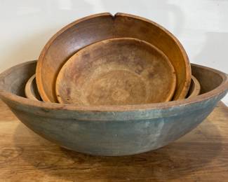 Collection of Wooden Dough Bowls in Old Paint