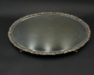 Large Oval Beveled Glass Platform Mirror, Silverplate Footed