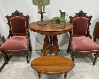 Victorian Parlor Table and Chairs, Art Nouveau Clock, Royal Bayreuth Pitcher, Chalkware Cottage Clock, Etc.