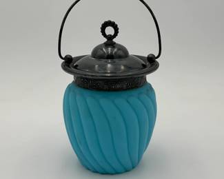 Blue Satin Glass Biscuit Jar with Silver Plate Lid