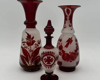 2 Bohemian Glass Ruby Etched Vases & Scent Bottle