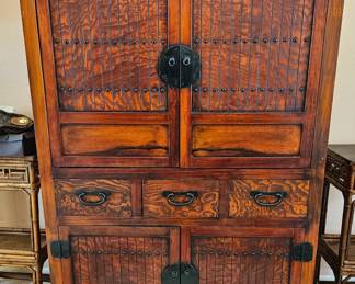 Asian Wood and Bamboo Cabinet W/ Double Doors and Drawers