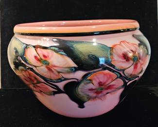 Charles Lotton Hand Blown Ruby Pink Floral Glass Bowl