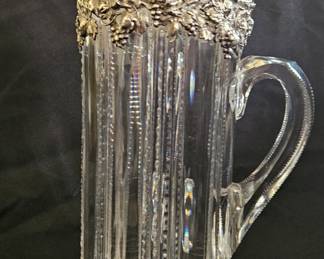 CUT GLASS WATER PITCHER Gorham Applied sterling silver rim 