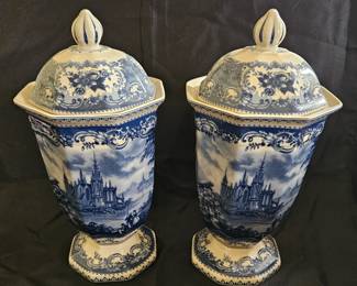 Antique Blue Footed Urns Transferware Victorian Porcelain 