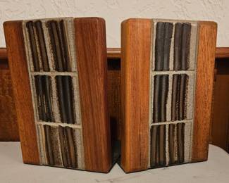 Jane and Gordon Martz Ceramic Tile and Walnut Bookends for Marshall Studios