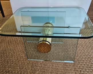 Brass and Glass Side Table with Scalloped Brass Beam by Pace Collection