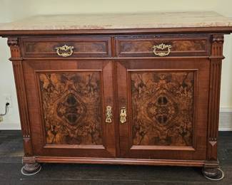 Antique Server Burlwood With Marble Top and Bronze Mounts 1920s from Katelman’s Antiques
