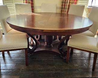 Extra large American designed round mahogany table with One Leaf
8 Cream Fabric Covered Chairs Sold Separately 