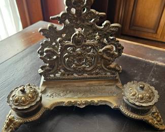 Antique Brass Double Inkwell with Letter Holder