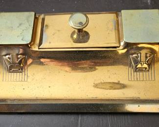 Brass Jugendstil Double Ink Well Desk Set with Stamp