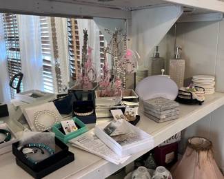 Beautiful costume jewelry and delicate trinkets, jewelry trees, displays, trays, and boxes 