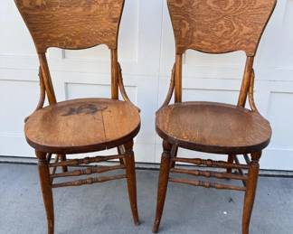117 AntiqueWoodenChairswCutOutBackTripleTurnedStretchers