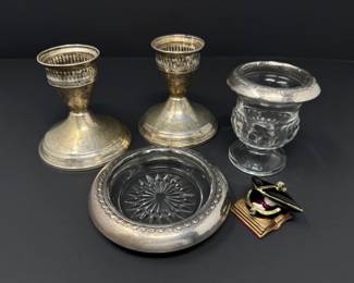 59 SterlingCandlesticksMonetTrinketBoxGlassAccessories