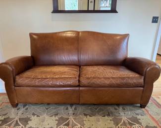 10 RestorationHardwareMitchellGoldBrownLeatherLoveseat