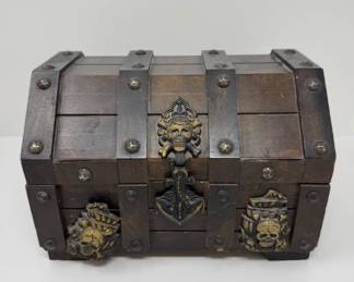 130 PirateThemedWoodenTreasureChestwSkullAccentsVelvetInterior