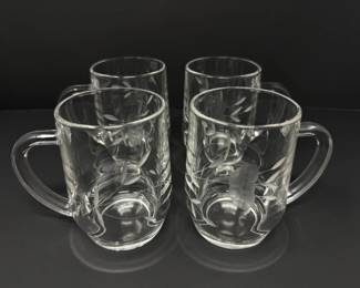 60 Setof4EtchedGlassMugswFloralLeafDesign