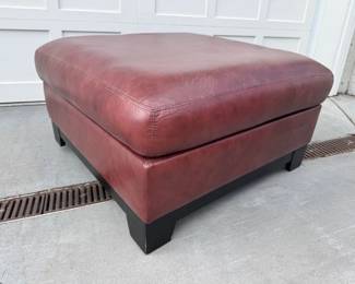 115 ClassicBurgundyLeatherOttomanwSturdyWoodenBlackBase