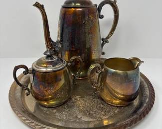 28 VintageWMRogersSilverPlatedTeaSetPotCreamerSugarTray