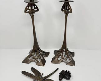 63 ArtNouveauStyleMetalCandlesticksDragonflyBeetleFigurines