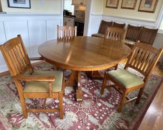 37 StickleyMissionDiningSetRoundTablewTwoLeaves8Chairs