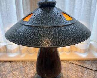 17 StonewareMushroomTableLampDarkTealBlueGlazeCutOutShade