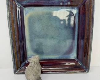 110 SignedDripGlazePotteryPlateStoneMouseSculpture