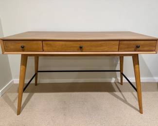 43 ModernMCM3DrawerDeskTrestleBaseFlaredDowelLegsCrossbars