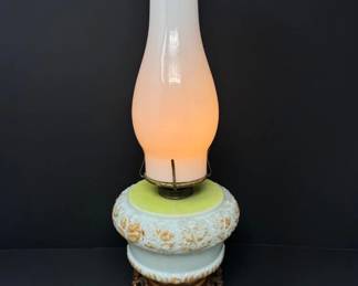 61 AntiqueElectricOilLampFloralCeramicBaseOrnateMetalStand