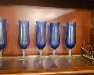 Vintage Sasaki Coronation Blue Crystal Glasses with Clear Stems