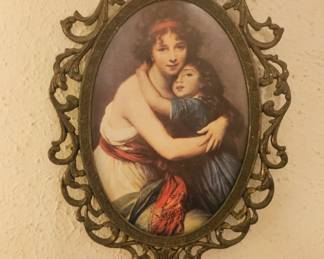 Vintage Mother & Daughter Picture in an Ornate Oval Brass Frame
