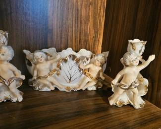 Vintage Royal Sealy Porcelain Cherub Planter & Pair of Cherub Candlesticks