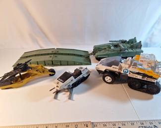 GI JOE 1984 Bridge Layer Tank, 1985 Snowcat, 1983 Snowmobile, 1989 Darklon Evader Vehicle