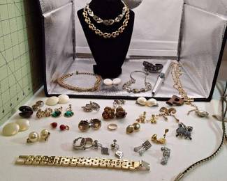 Large collection of clip on or screwback earrings for nonpierced ears, necklaces and rings