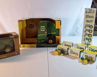 New In Box John Deere Van Bank, 568 Baler And 8 Mini Toy Tractors