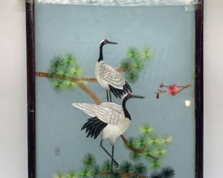 Vintage Chinese Silk Crane and Pine Tree