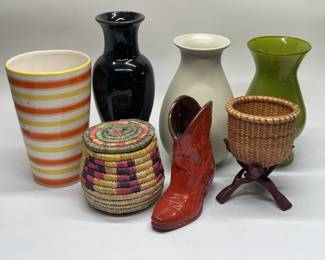Ceramic Cowboy Boot Vase, Green Glass Vase, Woven