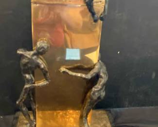Bronze Sculpture Depicting Three Nude Figures Interacting With Rectangular Form