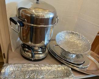 Polished Metal and Pewter Steamer and Serving Trays