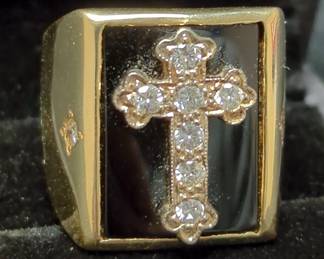 Men's Onyx Ring With Clear Stone Cross And Side Stones