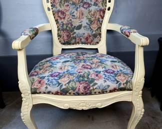 French Provincial Chair With Hand-Carving And Floral Cotton Tapestry-Style Upholstered Seat