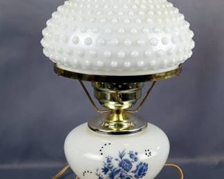 Milk Glass Hobnail Hurricane Lamp With Hand-Painted Base