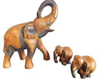 Hand Carved Wooden Elephant and Babies