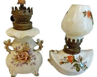 2 Miniature Porcelain Oil Lamps