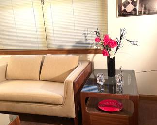 Midcentury love seat by Otmar
Walnut and smoke glass end table